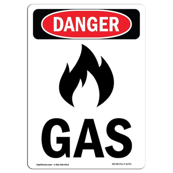 Safety Sign, OSHA Danger, 5" Height, Gas, Portrait, 10PK